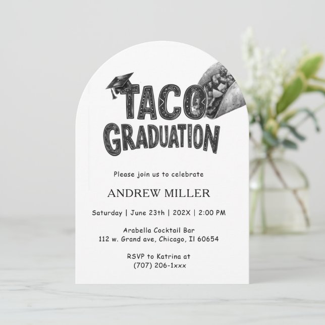 Black and White Taco-themed Graduation Invitation (Standing Front)