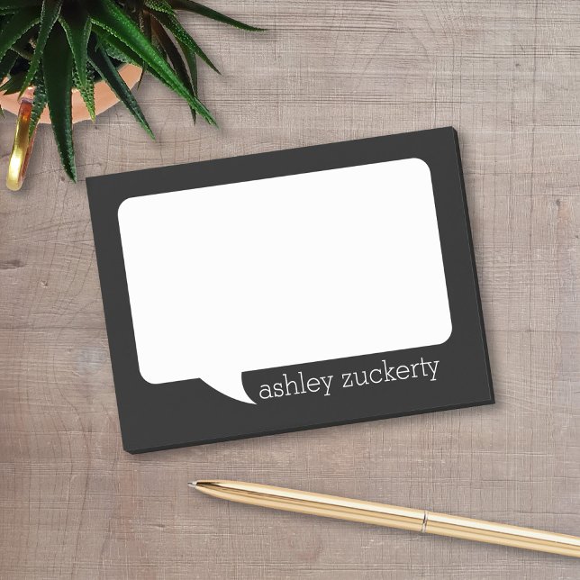 Black and White Talk Bubble with Simple Name Post-it Notes (A fun talk bubble design for a personalized post-it notepad. Add your name for a fun office gift.)