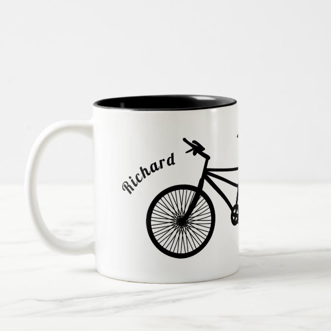 Black and White Tandem Bike Dual Names Two-Tone Coffee Mug (Left)