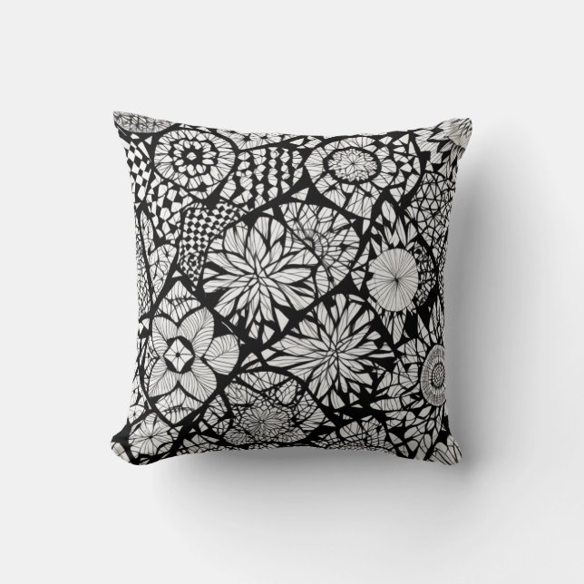 Black and White Tangle Flowered Cushion (Front)