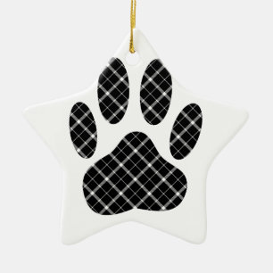 Black And White Tartan Dog Paw Print Ceramic Tree Decoration