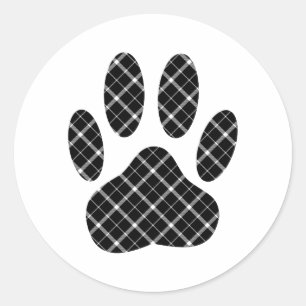 Black And White Tartan Dog Paw Print Classic Round Sticker