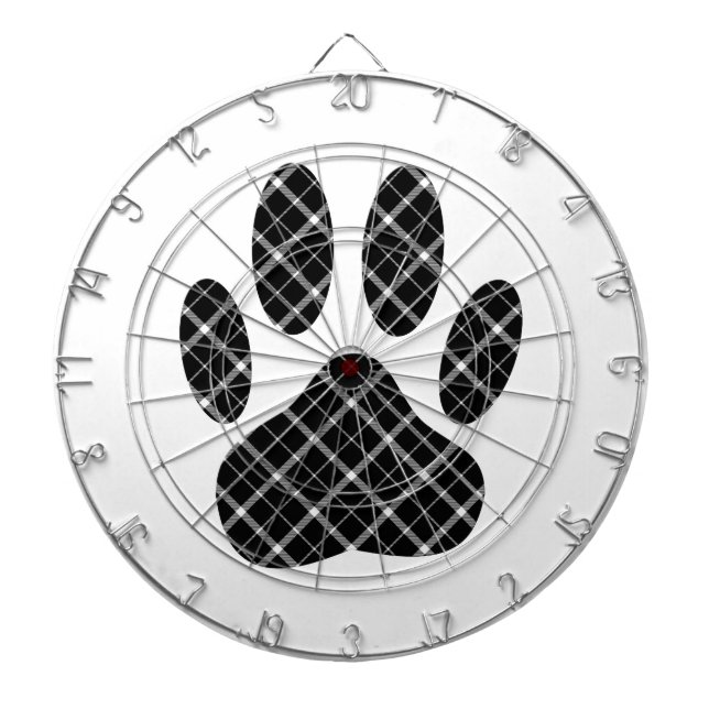 Black And White Tartan Dog Paw Print Dartboard (Front)