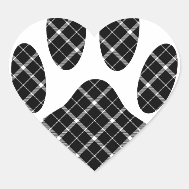 Black And White Tartan Dog Paw Print Heart Sticker (Front)