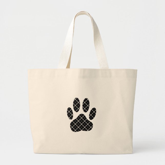 Black And White Tartan Dog Paw Print Large Tote Bag (Front)