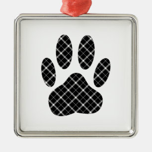 Black And White Tartan Dog Paw Print Metal Tree Decoration