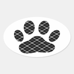 Black And White Tartan Dog Paw Print Oval Sticker