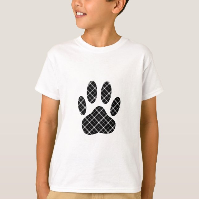 Black And White Tartan Dog Paw Print T-Shirt (Front)
