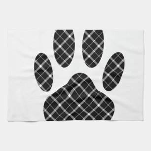Black And White Tartan Dog Paw Print Tea Towel