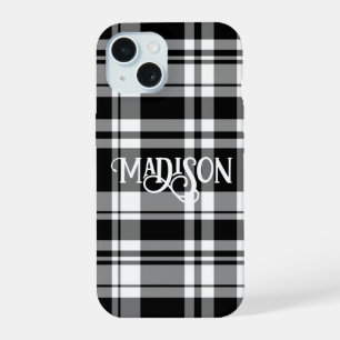 Black and white tartan plaid calligraphy iPhone 15 case