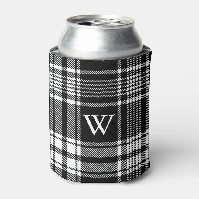 Black and White Tartan Plaid Can Cooler (Can Front)