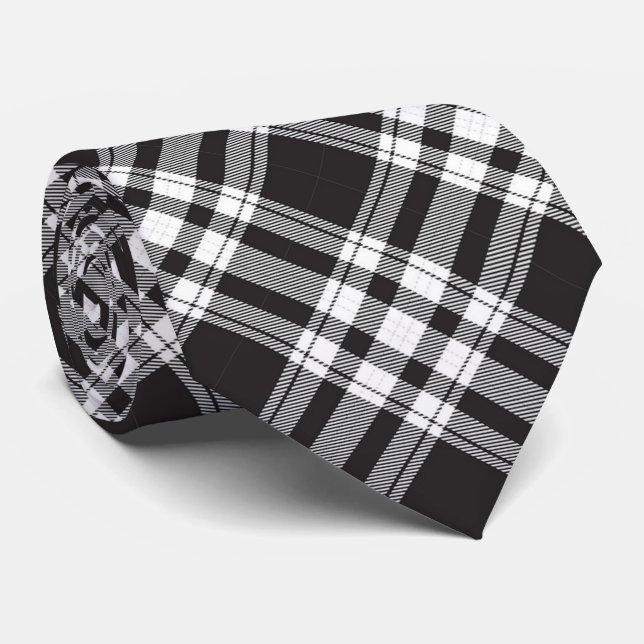 Black and White Tartan Plaid Pattern Tie (Rolled)