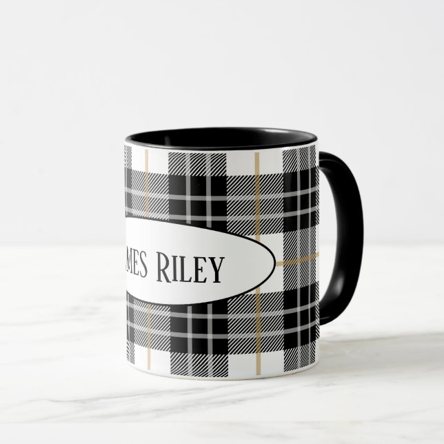 black and white tartan plaid with name mug (Front Right)