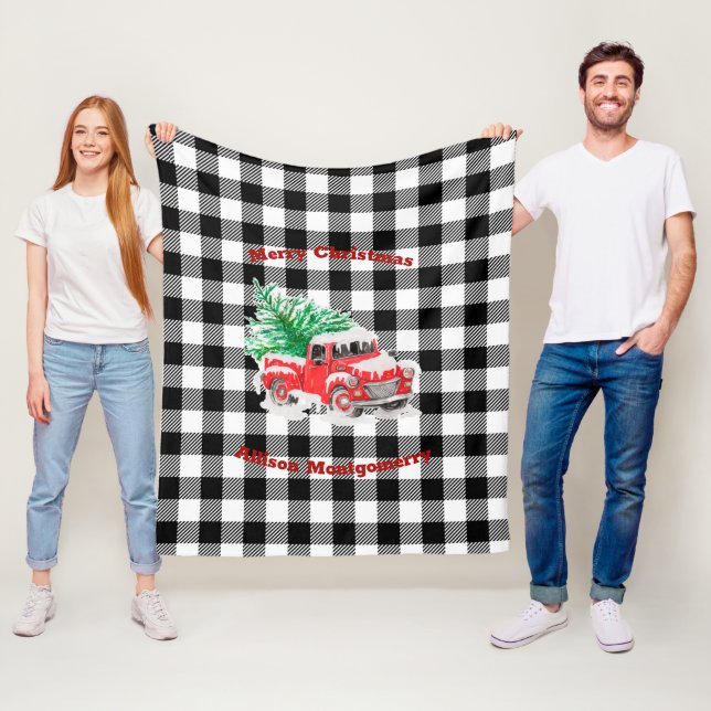 Black and white tartan red Christmas truck  Fleece Blanket (In Situ)