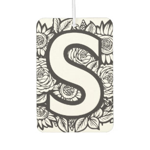 Black and White Tattoo-Style Ink Flowers Monogram Car Air Freshener