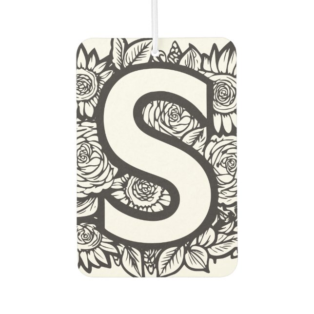 Black and White Tattoo-Style Ink Flowers Monogram Car Air Freshener (Front)