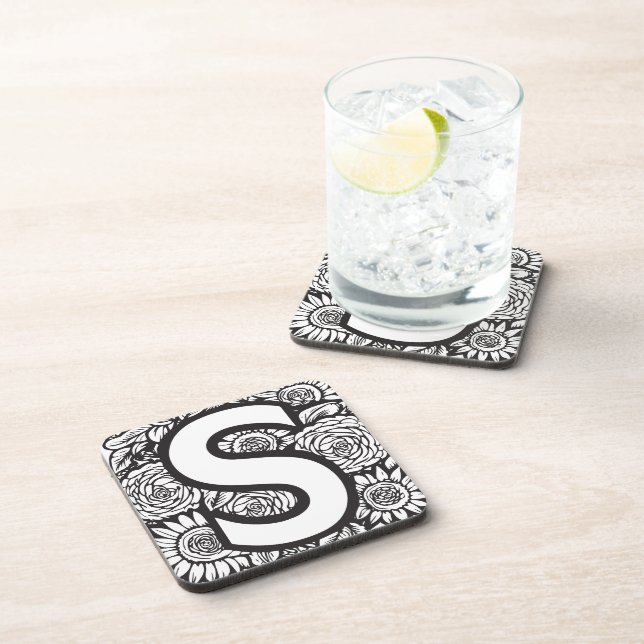 Black and White Tattoo-Style Ink Flowers Monogram Coaster (Right Side)