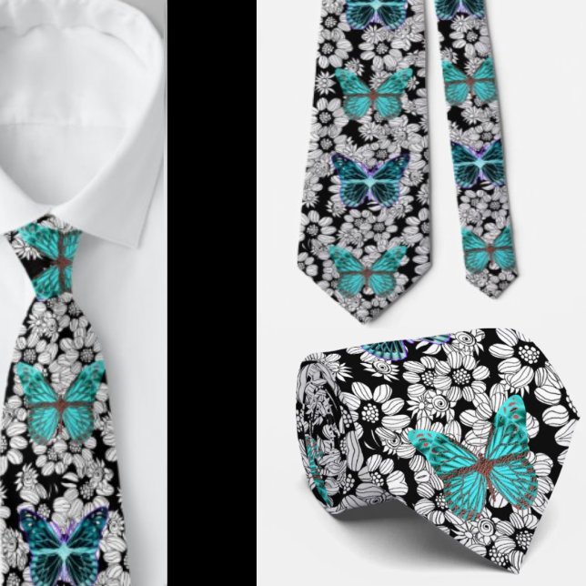 Black and White Teal Butterfly Butterflies Tie (Creator Uploaded)