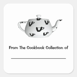 Black And White Teapot Personalised Bookplate Square Sticker