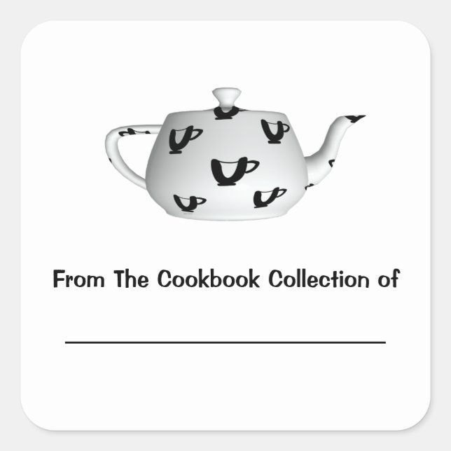 Black And White Teapot Personalised Bookplate Square Sticker (Front)