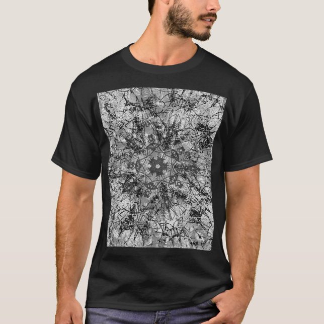 Black and White Texture Mandala Ornamental Drawing T-Shirt (Front)