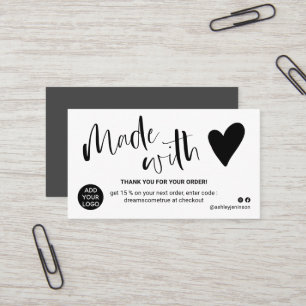 Black and white thank you made with love business card