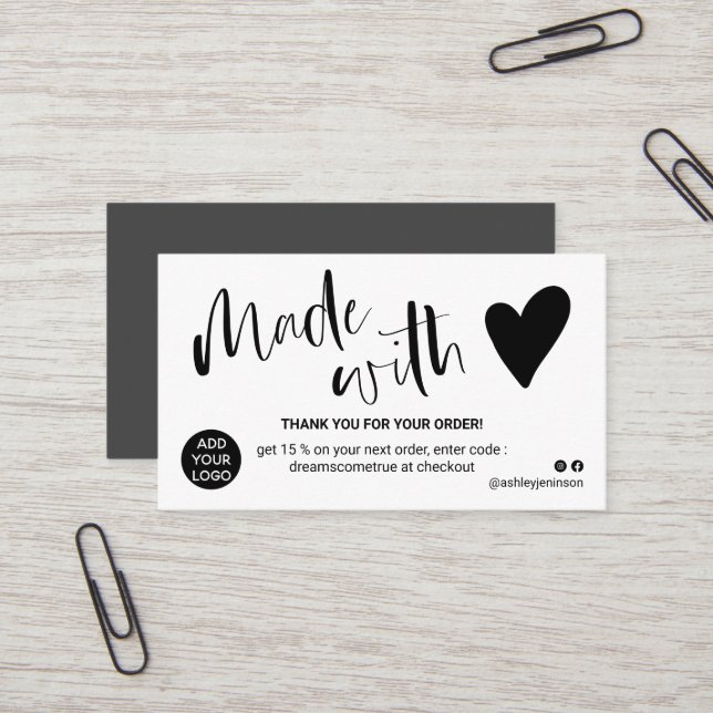 Black and white thank you made with love business card (Front/Back In Situ)