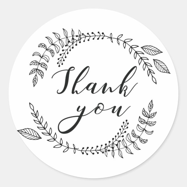 Black and white thank you. Modern wedding wreath Classic Round Sticker (Front)