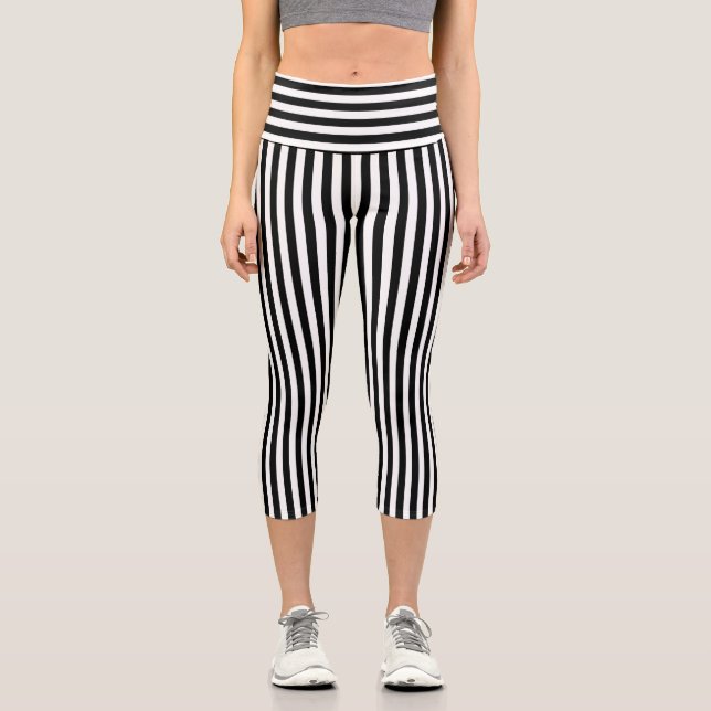 Black and White Thin Stripes Capri Leggings (Front)