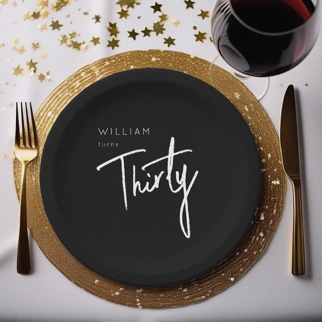 Black and white Thirty 30th birthday lettering Paper Plate (Black & white 30th birthday party paper plates & bowls with modern Thirty script minimal typography)