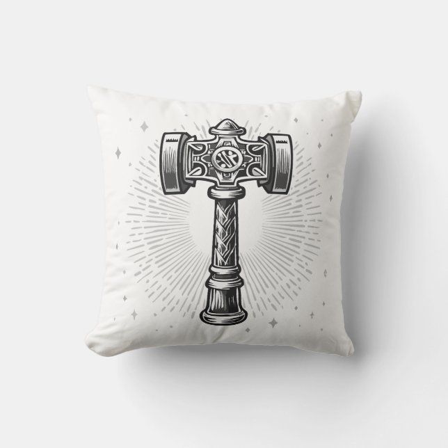 Black and white Thor's Hammer Mjolnir Cushion (Front)
