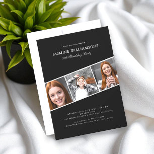 black and white three photo collage birthday invitation