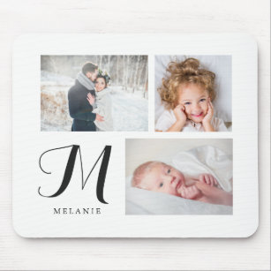 Black and White Three Photo Collage with Monogram Mouse Mat