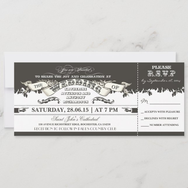 black and white ticket style wedding invitations (Front)