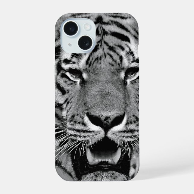 Black and White Tiger Face iPhone 15 Case (Back)