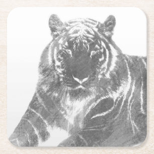Black and White Tiger Square Paper Coaster
