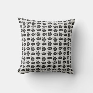 Black and White Tiki Fish and Flower Pattern Cushion