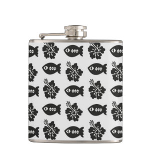 Black and White Tiki Fish and Flower Pattern Hip Flask