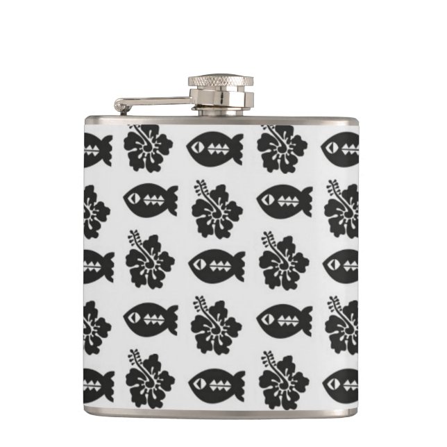 Black and White Tiki Fish and Flower Pattern Hip Flask (Front)