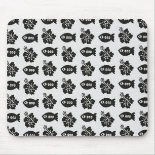 Black and White Tiki Fish and Flower Pattern Mouse Mat
