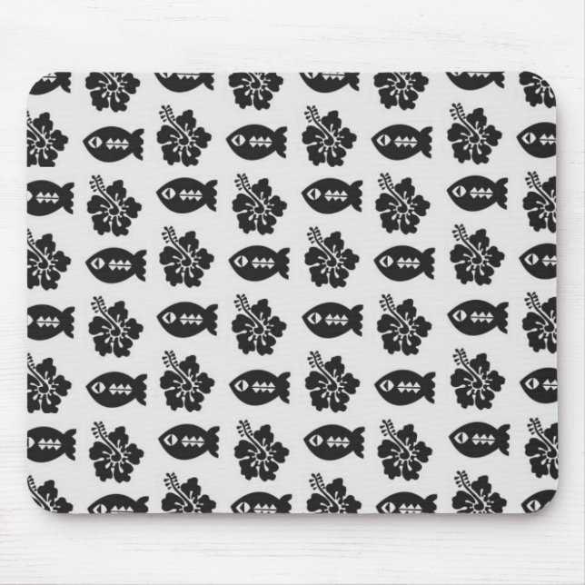 Black and White Tiki Fish and Flower Pattern Mouse Mat (Front)