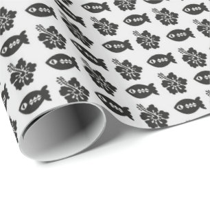 Black and White Tiki Fish and Flower Pattern Wrapping Paper