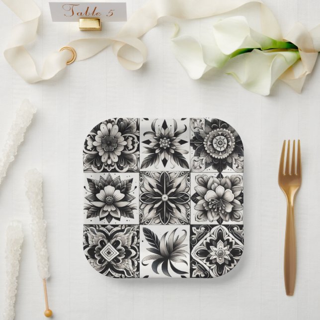Black and White Tile Paper Plate (Wedding)
