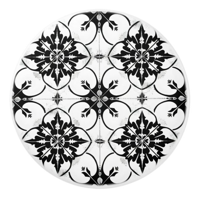 Black and White Tile Pattern Ceramic Knob (Front)