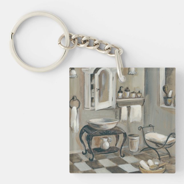 Black and White Tiled French Bathroom Key Ring (Front)