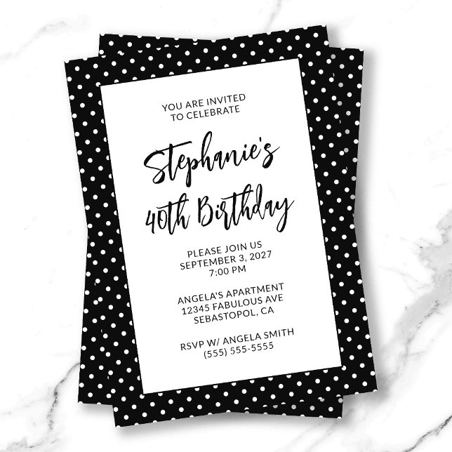 Black and White Tiny Dots Bold 40th Birthday Invitation (Black and White Tiny Dots Bold 40th Birthday Invitation)