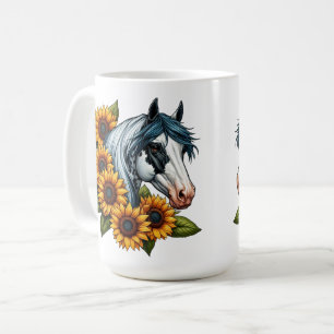 Black and White Tovero Paint Horse and Sunflowers Coffee Mug