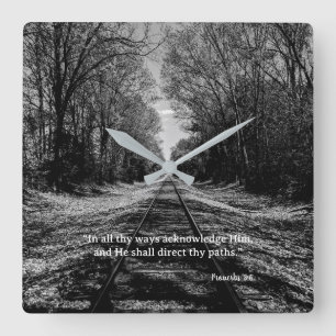 Black and White Train Track Proverbs Scripture Square Wall Clock