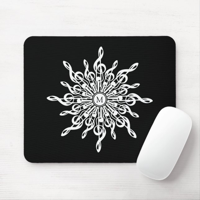 Black and White Treble Clefs Snowflake Monogram Mouse Mat (With Mouse)