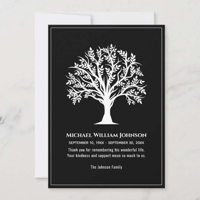 Black And White Tree Of Life Funeral Memorial Thank You Card (Front)